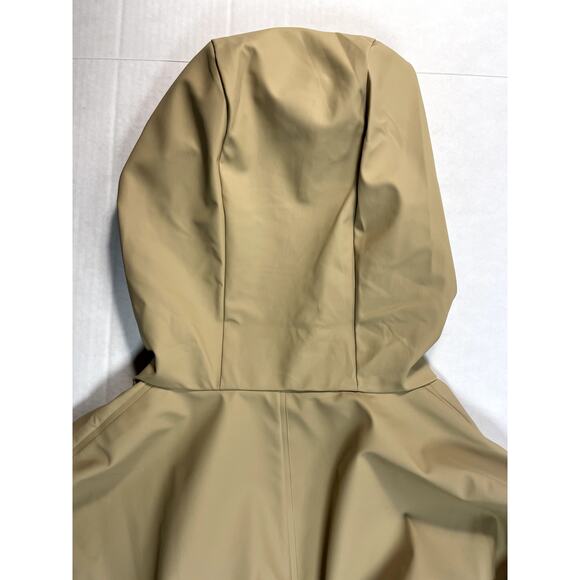Rains Sz M Unisex Long Rain Jacket Tan Hood Pockets Minimalist Breathable Chic - Picture 8 of 16